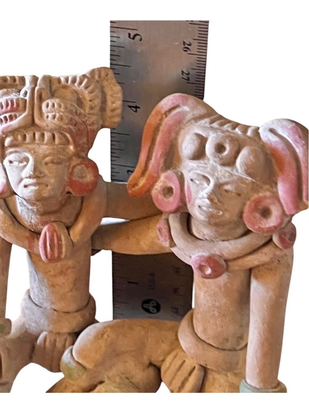 Teotihuacan Ceramic Pre-Columbian Style Figurine Pair Earth Tones & Accents 5" T - Picture 10 of 11